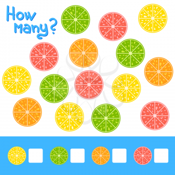 Counting game for preschool children for the development of mathematical abilities. How many fruits lemon, orange, grapefruit, lime . Simple flat isolated vector illustration.