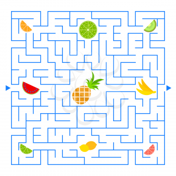 Abstract colored complex isolated maze with fruit. Blue color on a white background. An interesting game for children. Vector illustration.