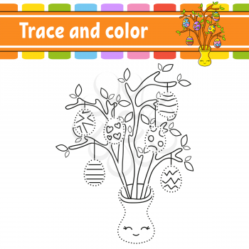 Trace and color. Coloring page for kids. Handwriting practice. Education developing worksheet. Activity page. Game for toddlers. Isolated vector illustration. Cartoon style. Easter theme.