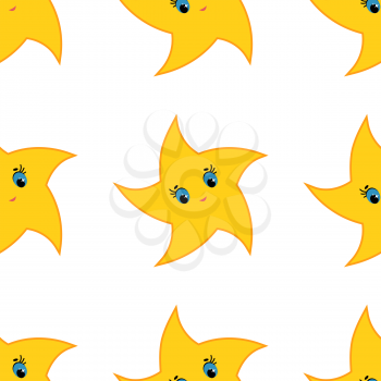 Colorful seamless pattern of cute yellow stars on a white background. Simple flat vector illustration. For the design of paper wallpaper, fabric, wrapping paper, covers, web sites.