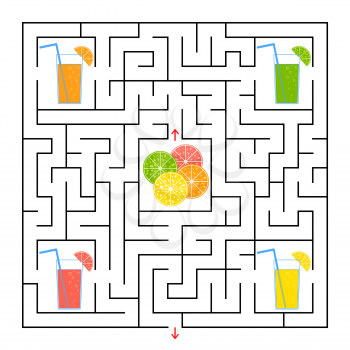 A square labyrinth. Collect all the glasses with juice and find a way out of the maze. Simple flat isolated vector illustration
