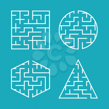 A set of labyrinths for children. A square, a circle, a hexagon, a triangle. A simple flat vector illustration isolated on a blue background