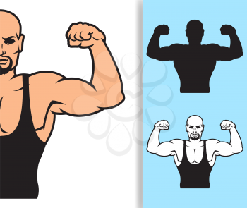 Bodybuilder strong man. Design element. Vector illustration isolated on white background. Template for books, stickers, posters, cards, clothes.