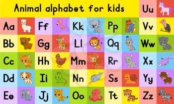 English alphabet with cartoon characters. Vector set. Bright color style. Learn ABC. Lowercase and uppercase letters.