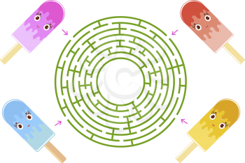 Colorful round maze with a lovely cartoon character. Funny ice cream. An interesting and useful game for children. Simple flat vector illustration isolated on white background.