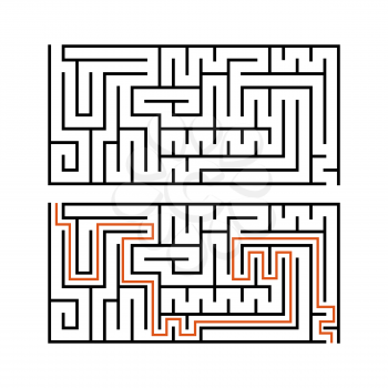 Black rectangular labyrinth with an input and an exit. An interesting and useful game for children. Simple flat vector illustration isolated on white background. With the answer.