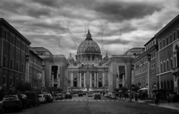 View of St. Peter's cathedral in Rome, Italy in black and white