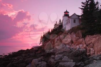 Sunset on bass Harbor lighthouse in Acadia national park, on mount desert island, Maine