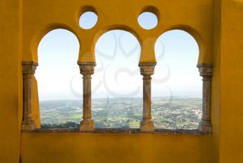 View of Sintra city in Portugal by arabic shape window