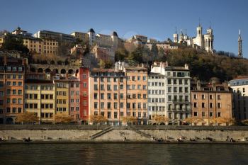 Beautiful view of Old Lyon, coloured houses and the Fourviere basilica in background