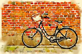 Digital watercolour of bicycle on a brick wall