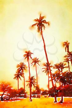 Digital watercolor of palm trees on a beach during the sunset
