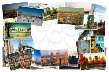 Collage of images from famous location in Montreal, Canada with copy space in the middle