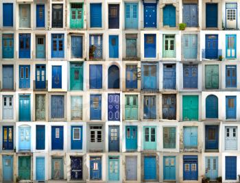 A collage of greek doors all in blue tonality