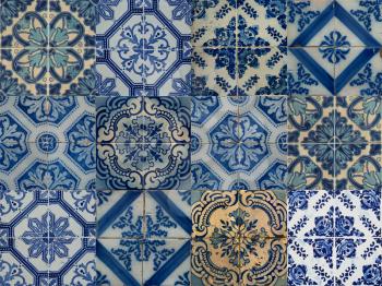 Collage of different blue patterns tiles in Lisbon, Portugal