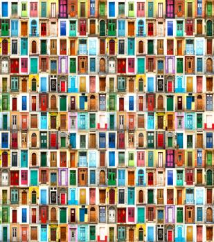Collage with various doors from everywhere in different colors 