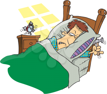 Royalty Free Clipart Image of a Man Waking to an Alarm