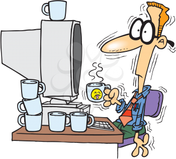Royalty Free Clipart Image of a Man at a Computer Drinking Lots of Coffee