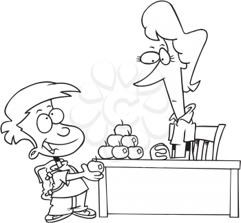Royalty Free Clipart Image of a Boy Giving an Apple to a Teacher