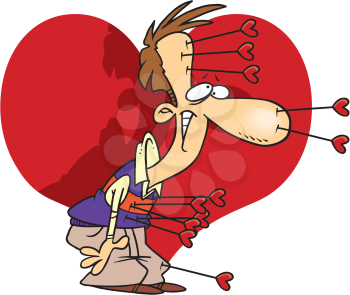 Royalty Free Clipart Image of a Man in Front of a Heart With Arrows Stuck in Him