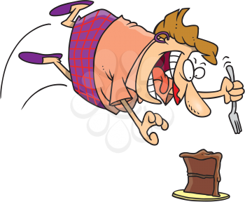 Royalty Free Clipart Image of a Woman Attacking a Piece of Cake