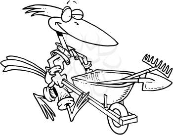 Royalty Free Clipart Image of a Bird With a Wheelbarrow