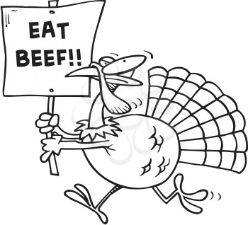 Royalty Free Clipart Image of a Turkey Carrying an Eat Beef Sign