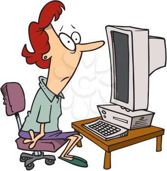 Royalty Free Clipart Image of a Woman Staring at a Blank Computer Screen
