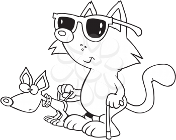 Royalty Free Clipart Image of a Blind Cat With a Guide Dog