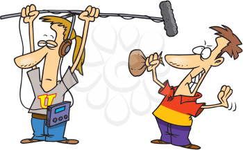 Royalty Free Clipart Image of Two Men Creating a Bang with a Bag and a Microphone