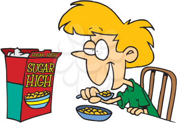Royalty Free Clipart Image of a Boy Eating Sugar Cereal