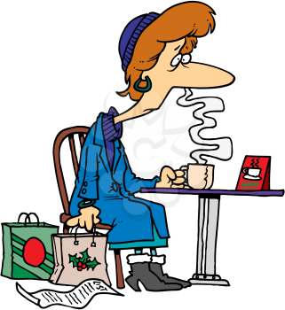 Royalty Free Clipart Image of a Woman With Parcels Having a Coffee