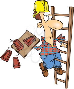 Royalty Free Clipart Image of a Mason Dropping Bricks While Climbing a Ladder
