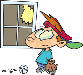 Royalty Free Clipart Image of a Kid Who Broke a Window With a Baseball