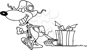 Royalty Free Clipart Image of a Mouse Pulling a Present on a Sled