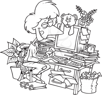 Royalty Free Clipart Image of a Woman at a Cluttered Desk