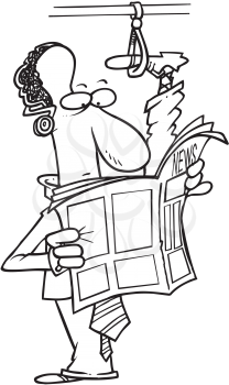 Royalty Free Clipart Image of a Man With His Leg on the Bus Hook While Reading a Newspaper