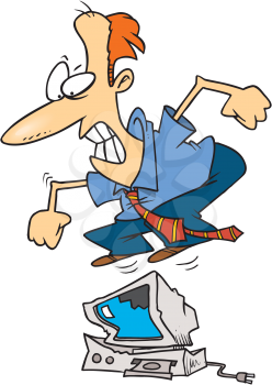 Royalty Free Clipart Image of a Man Jumping on a Computer