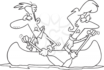 Royalty Free Clipart Image of a Couple Paddling Opposite Ways in a Canoe