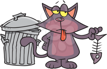 Royalty Free Clipart Image of a Cat Eating Out of a Garbage Can