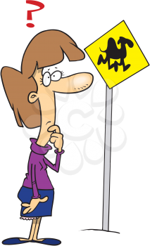 Royalty Free Clipart Image of a Woman at a Camel Crossing Sign