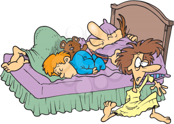 Royalty Free Clipart Image of a Woman Crowded Out of Bed