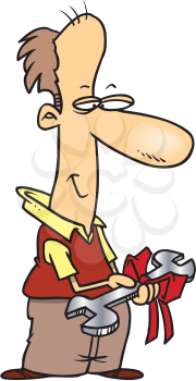 Royalty Free Clipart Image of a Man Holding a Wrench With a Bow
