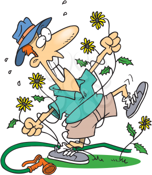 Royalty Free Clipart Image of a Man Fighting Dandelions