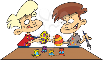 Royalty Free Clipart Image of Children Painting Easter Eggs