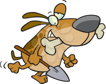 Royalty Free Clipart Image of a Dog Digging for Bones With a Shovel