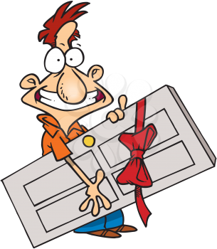 Royalty Free Clipart Image of a Man Holding a Door With a Ribbon