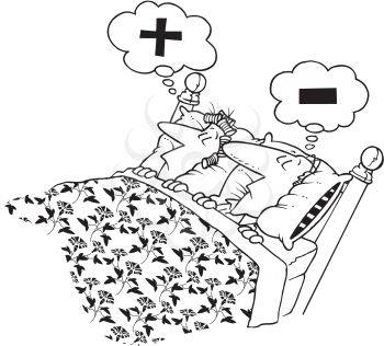 Royalty Free Clipart Image of a Man and Woman Dreaming of Plus and Minus