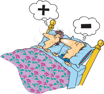 Royalty Free Clipart Image of a Man and Woman Dreaming of Plus and Minus