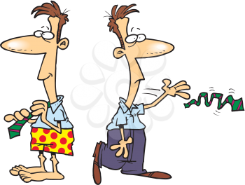 Royalty Free Clipart Image of a Man in Boxers and a Man Removing a Tie